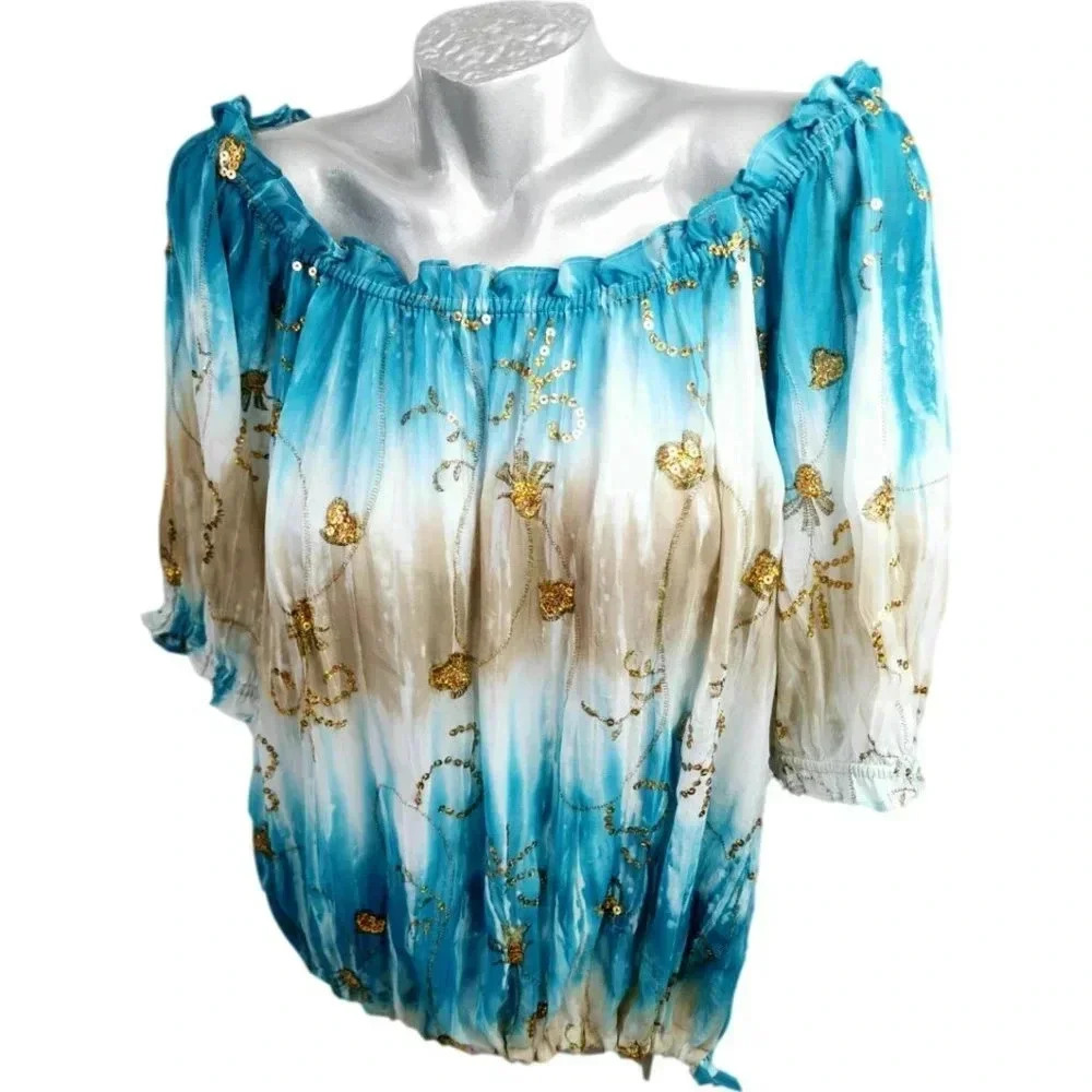 Nygard‎ Off Shoulder  Blouse Sz 16 Blue White Gold Peasant Glamour